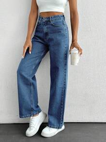 SHEIN PETITE High Waist Wide Leg Jeans - Medium Wash - View 4