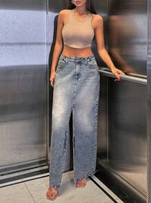 RueChic 100%纯棉硬质低腰染色长款牛仔裙 - 中等水洗藍 - 查看 5