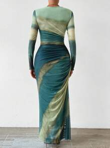 Rafferiza Petite Váy dài thường ngày bằng sợi lưới co giãn cao thân thiện với da quanh năm có in họa tiết cho trang phục dự tiệc và ngày lễ dành cho phụ nữ - màu xanh lá - Xem 3