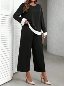 EMERY ROSE 2 Teile Lose Damen Set in Große Größen mit Farbblockdesign, bestehend aus Rundhals Langarm Oberteil und weiter Hose für den Herbst