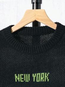 2 件套 Tween 男童秋冬针织毛衣套装。拼色圆领宽松设计，时尚图形文字印花，展现街头时尚美感。复杂的针织技术带来独特的质感和层次感。高品质柔软保暖面料，适合秋冬穿着。非常适合休闲、旅行、学校、万圣节、圣诞派对、返校 - 黑色 - 查看 7