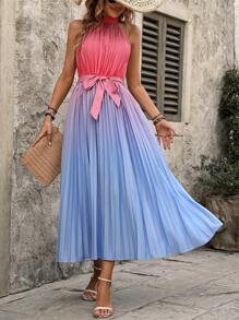 Chiquease Ombre Pleated Waist Cinched Sleeveless Casual Summer Dress