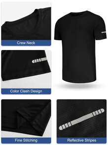Manfinity Sport Corelite 1pc Boyfriend Style Men's Round Neck Stripe Printed Short Sleeve Sports T-Shirt, Summer - Black - View 4