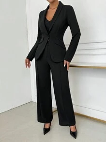 SHEIN SXY 女士优雅单排扣缺口翻领西装外套和裤子套装秋冬女装办公室服装 - 黑色 - 查看 6