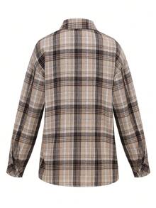 SHEIN LUNE Women's Loose Fit Plaid Print Drop Shoulder Long Sleeve Casual Shirt, Spring Summer - Khaki - View 2