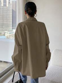 DAZY 女士宽松翻领口袋长袖衬衫 - 咖啡棕 - 查看 2