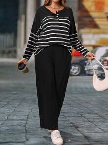 EMERY ROSE Conjunto de 2 piezas de talla grande, casual, con bloque de color y rayas, de manga larga para primavera/otoño