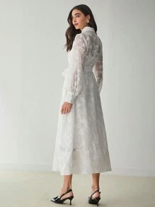 Enchnt Fall Winter Women's Mesh Long Sleeve Twist Waist Elegant Shirt Dress,White Dress,Winter Dresses,Fall Winter  Women's Clothing - White - View 3