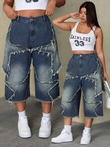 SHEIN ICON Plus Size Button, Belt Loop, Frayed Edge, Star Pattern Design Boyfriend Jeans - Blue - View 1