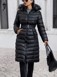 EURMUSE 长款毛皮细节连帽衫，羽绒大衣绗缝夹克，配金属腰带扣 - 黑色 - 查看 2