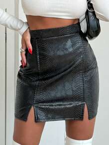 EURMUSE Split Hem Crocodile PU Skirt - Black - View 1