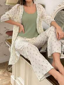 CottageSlumber 3 piezas Conjunto de pijama para mujer: Bata con cinturón simple y top tipo camiseta y pantalones largos, ropa cómoda y casual para el hogar de madre e hijo, conjunto blanco para la temporada festiva, esplendor floral abundante, ropa de otoño e invierno, detalles acogedores y elegantes - Blanco - Ver 6