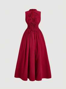 SHEIN MOD Robe rouge avec de multiples fronces et un nœud au milieu, festival, coquette, mariage - Rouge - Voir 1