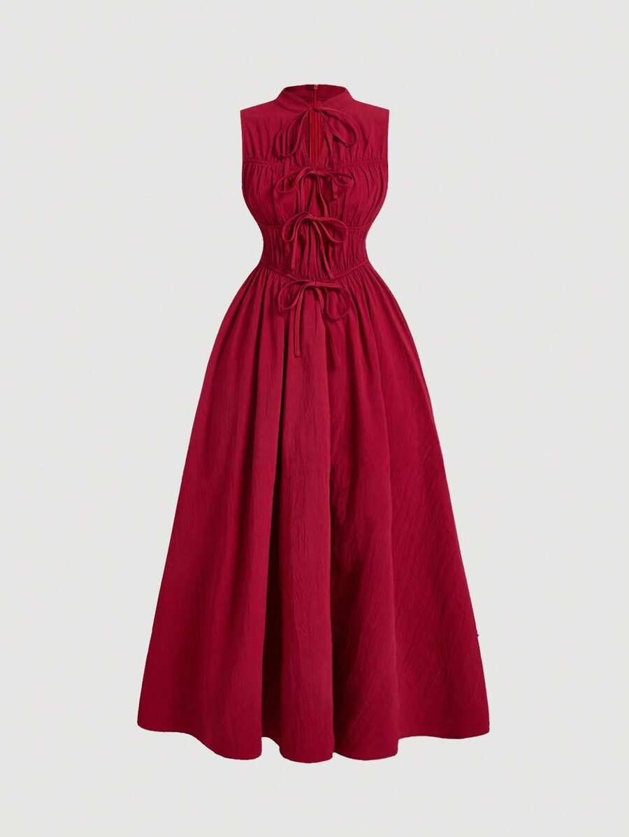 SHEIN MOD Robe rouge avec de multiples fronces et un nœud au milieu, festival, coquette, mariage - Rouge - Voir 1