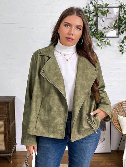 SHEIN LUNE Plus Size Green PU Zipper Casual Long Sleeve Jacket Winter Green Holiday