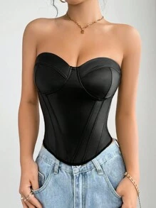 SHEIN SXY Top corset ajustado y delgado de PU negro estilo club nocturno sexy para fiestas - Negro - Ver 3