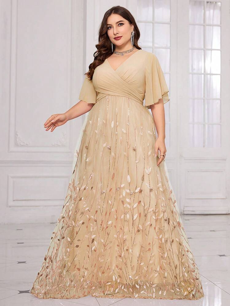 UNITHORSE Plus Size V-[Random Cut] Neck Ruffle Sleeve Chest Ruched Leaf Mesh Embroidery Sequin Mesh Contrast Formal Dress Elegant Prom Evening Wedding Guest Gown, For Graduation Dress, Bride Dress, Birthday Women Outfits, Formal Dress,Party Dress - Champagne - View 1