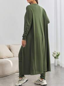 SHEIN 2pcs Maternity Outfit - Adjustable Waist Cardigan Jacket And Skinny Pants Set - Green - View 2