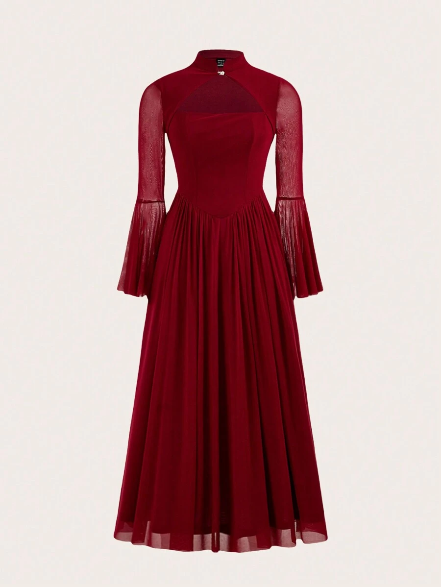 Modelyn Burgundy Red Cut Out Front Flounce Sleeve Dress For Dinner Party - Burgundy - View 1