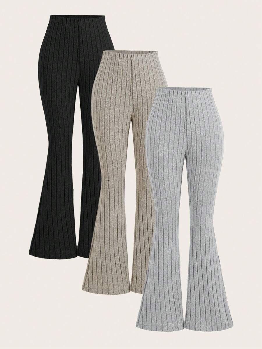 SHEIN EZwear 3pcs/Set Women Rib Knit Elastic Waist Flared Casual Pants - Multicolor - View 1