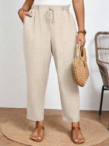 SHEIN Frenchy 加大码纯色休闲长裤，松紧腰带，斜口袋 - 杏色 - 查看 6