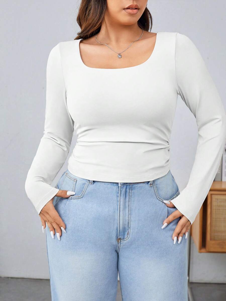 SHEIN EZwear Áo thun ôm dáng dài tay cổ vuông màu trơn cỡ lớn cho nữ, mùa xuân và mùa hè
