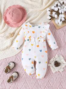 SHEIN Baby Girl Cute Sweet Heart Colorful Print Ruffle Patchwork Long Sleeve Snap-Up Jumpsuit With Ruffle Hat - Multicolor - View 1