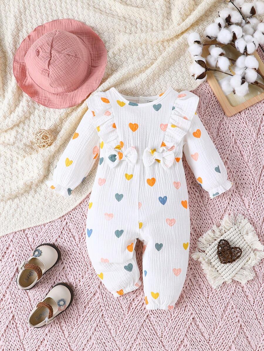 SHEIN Baby Girl Cute Sweet Heart Colorful Print Ruffle Patchwork Long Sleeve Snap-Up Jumpsuit With Ruffle Hat - Multicolor - View 1