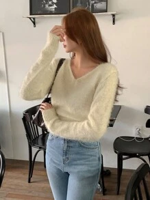 DAZY Suéter de cuello en V de unicolor para mujer