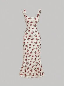 SHEIN MOD Retro Floral Square Neck Bodycon Halter Dress, Summer Midi Dress, Sexy Dress, Elegant Dress, Flowy Dress, Prom Dress - Red and White - View 1