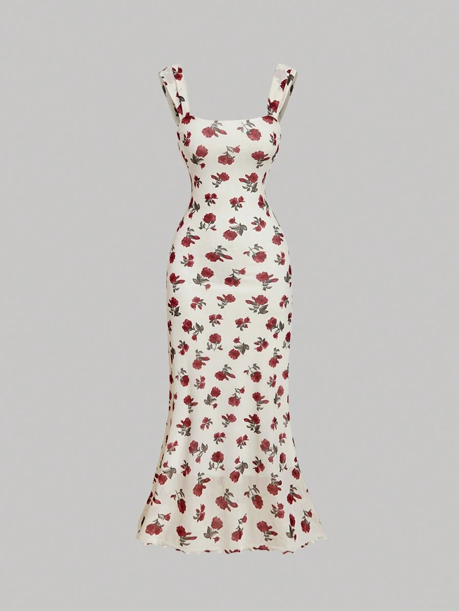 SHEIN MOD Retro Floral Square Neck Bodycon Halter Dress, Summer Midi Dress, Sexy Dress, Elegant Dress, Flowy Dress, Prom Dress - Red and White - View 1