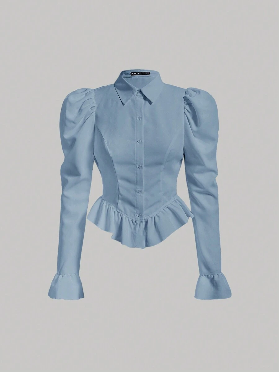 SHEIN MOD 喇叭袖荷叶边下摆泡泡袖白色收腰衬衫 - 藍色 - 查看 1