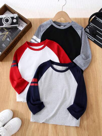 3pcs Young Boys Multi-Color Loose Fit Crewneck T-Shirts Casual Sports Daily Wear, Suitable For Back To School, Fall Outfits