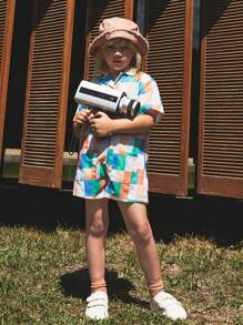 SHEIN Young Girl Colorful Plaid Print Linen Fabric Casual Resort Style Collared Short Sleeve Romper, Spring/Summer - Multicolor - View 1