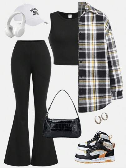 SHEIN Girlism 3 件套少女黑白格子衬衫、短款背心和喇叭裤，秋季休闲校园风格服装