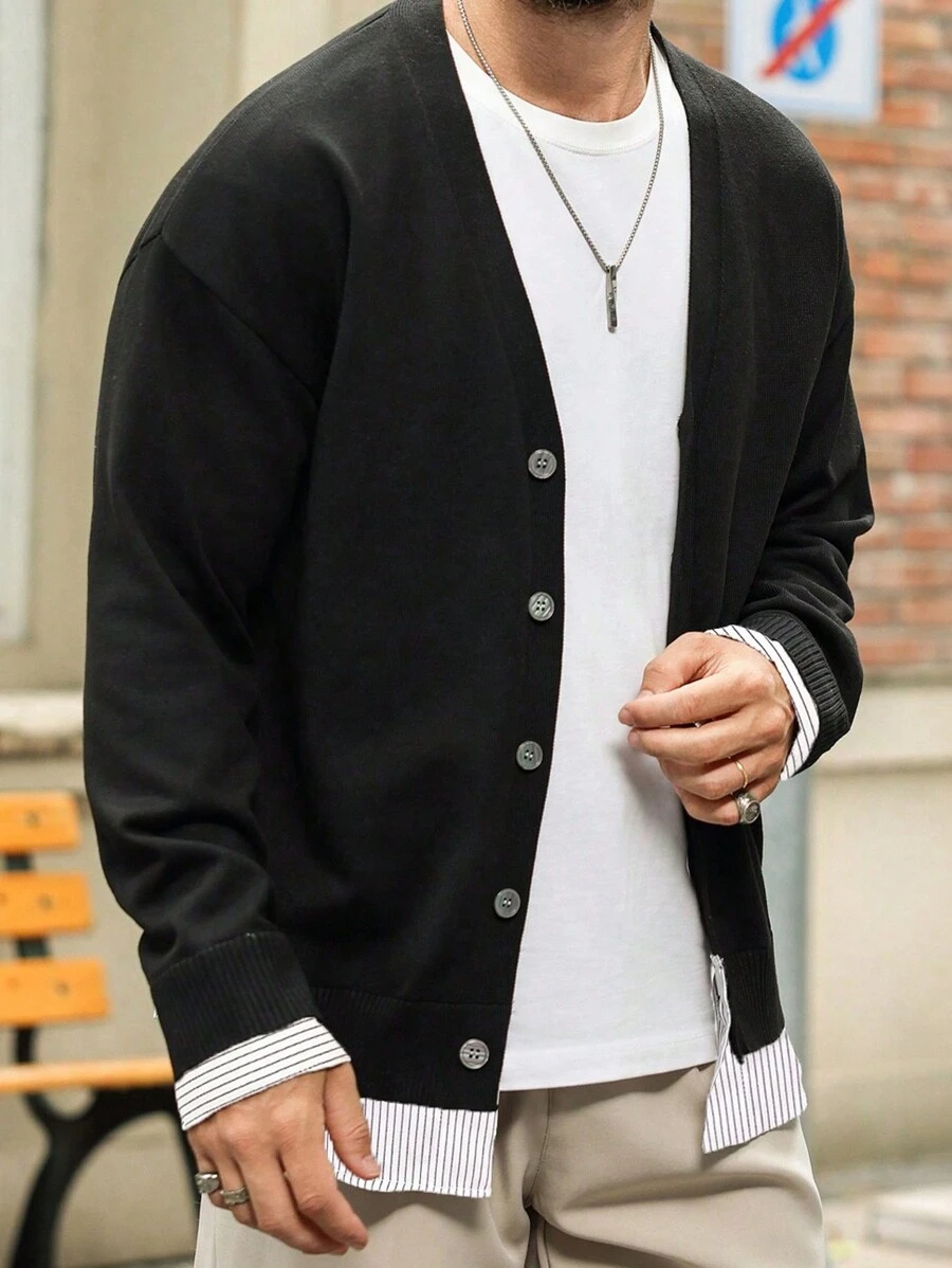 Manfinity Homme Áo len trễ vai màu trơn giản dị cho nam, mùa xuân, mùa thu - màu đen - Xem 1