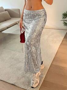SHEIN EZwear 女士时尚银色亮片开衩裙，夏季 - 銀色 - 查看 3