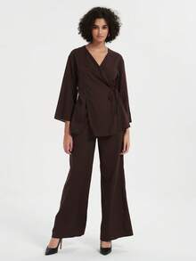 2pcs Women's Vintage Resort Loose Tie V-Neck Jacket And Casual Pants Set