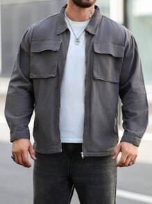 Manfinity Homme Plus Size Men's Solid Color Simple Casual Denim Jacket - Grey - View 3