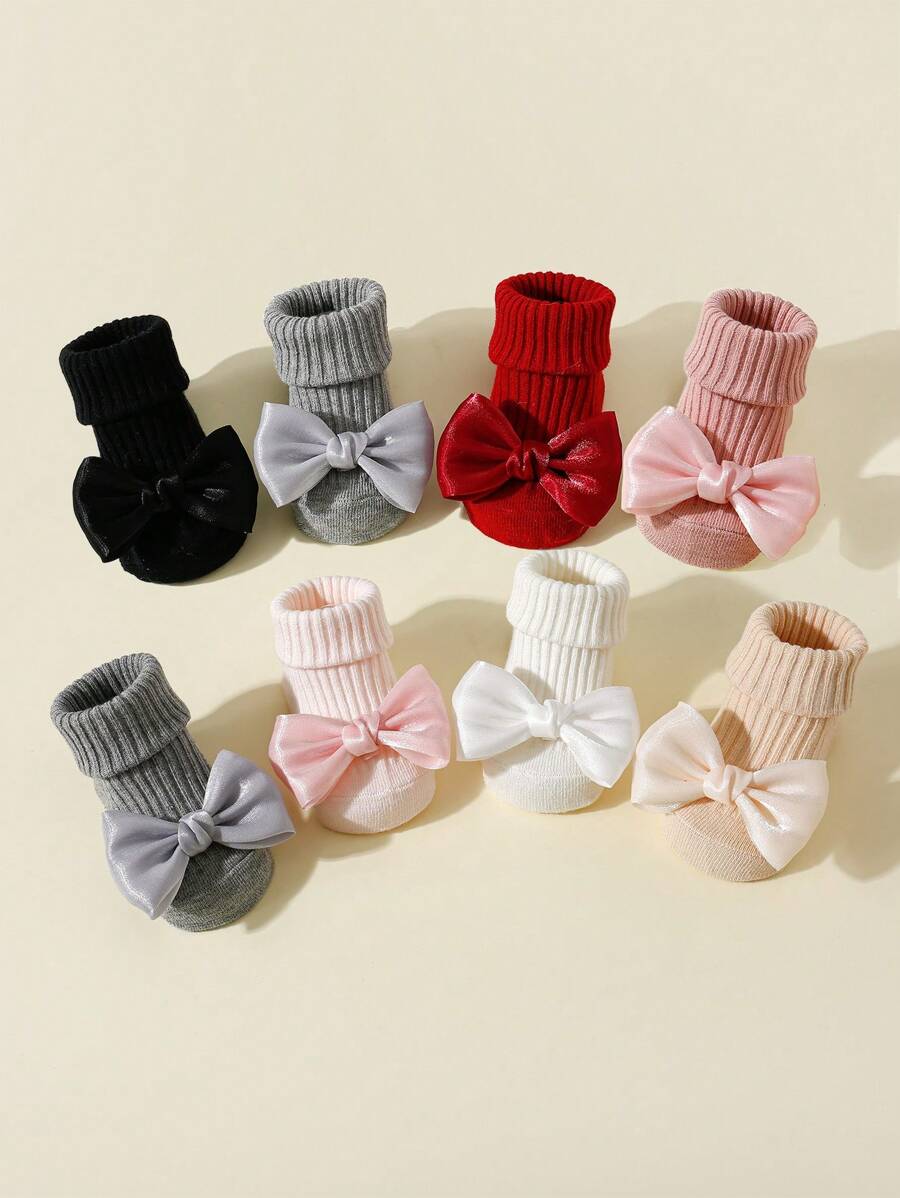 4pairs Baby Girls' Bowknot Decor Anti-Slip Knee High Socks For All Seasons, Indoor Non-Slip Floor Socks For Toddlers Learning To Walk