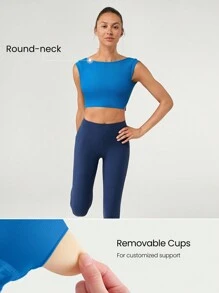 GLOWMODE FeatherFit™ Just Do U-Back 短袖割裂裾短款背心，低衝擊瑜珈日常穿著 - Blue Power - 查看 3