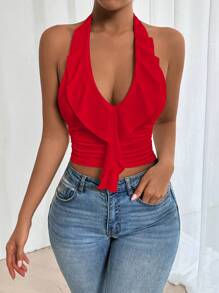 Zolique Women Deep V Neck Tie Strap Solid Color Camisole For New Year Clothes Halloween - Red - View 5