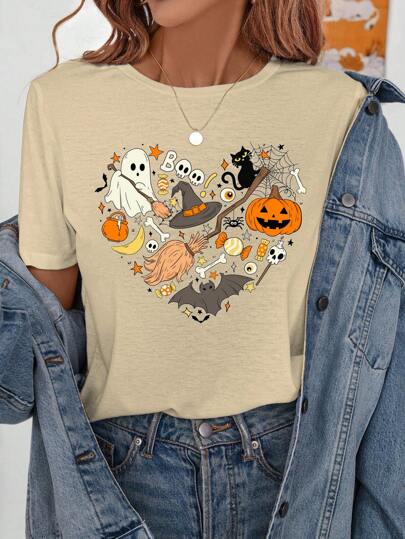 SHEIN LUNE 万圣节心形幽灵休闲简约图案圆领宽松短袖女式 T 恤，适合夏季和秋季