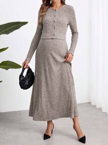 SHEIN Marled gebreide zwangerschapsjas en rok 2-delige set, voor leraren, herfst
