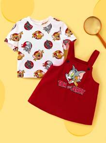 TOM & JERRY X SHEIN 2pcs/Set Baby Girl Dot Print Cartoon T-Shirt And Red Suspender Pinafore Dress Outfit