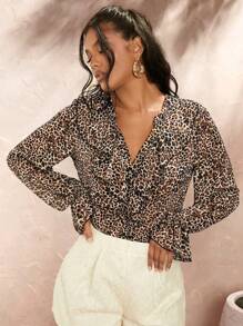 Opulessa Leisure Woven Leopard Print Ruffle Trim Women's Blouse, Long Sleeve Tops,For Autumn And Winter - Multicolor - View 5