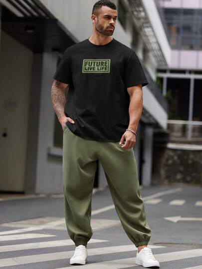 EASEVO 2 件套大码男士休闲短袖字母图案 T 恤和运动裤套装夏季服装