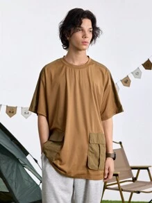 In My Nature Men's Round Neck Short Sleeve Solid Color Simple Style Pocket Design Outdoor Sports T-Shirt - Khaki - View 2