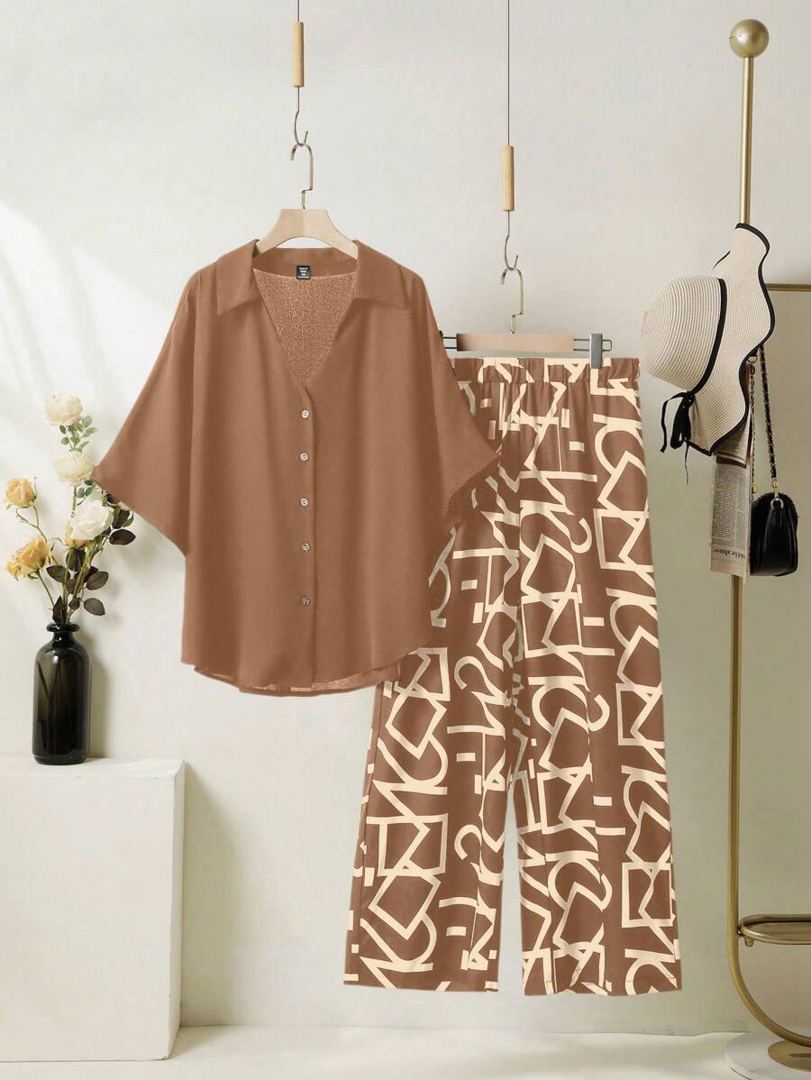 EMERY ROSE 2 chiếc áo cánh dơi tay dài màu trơn cỡ lớn cho nữ mùa hè và quần ống rộng in họa tiết hình học thường ngày - Lạc đà - Xem 1