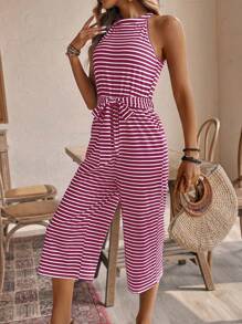 SHEIN LUNE 女士条纹印花露肩连体裤 - 粉色 - 查看 6